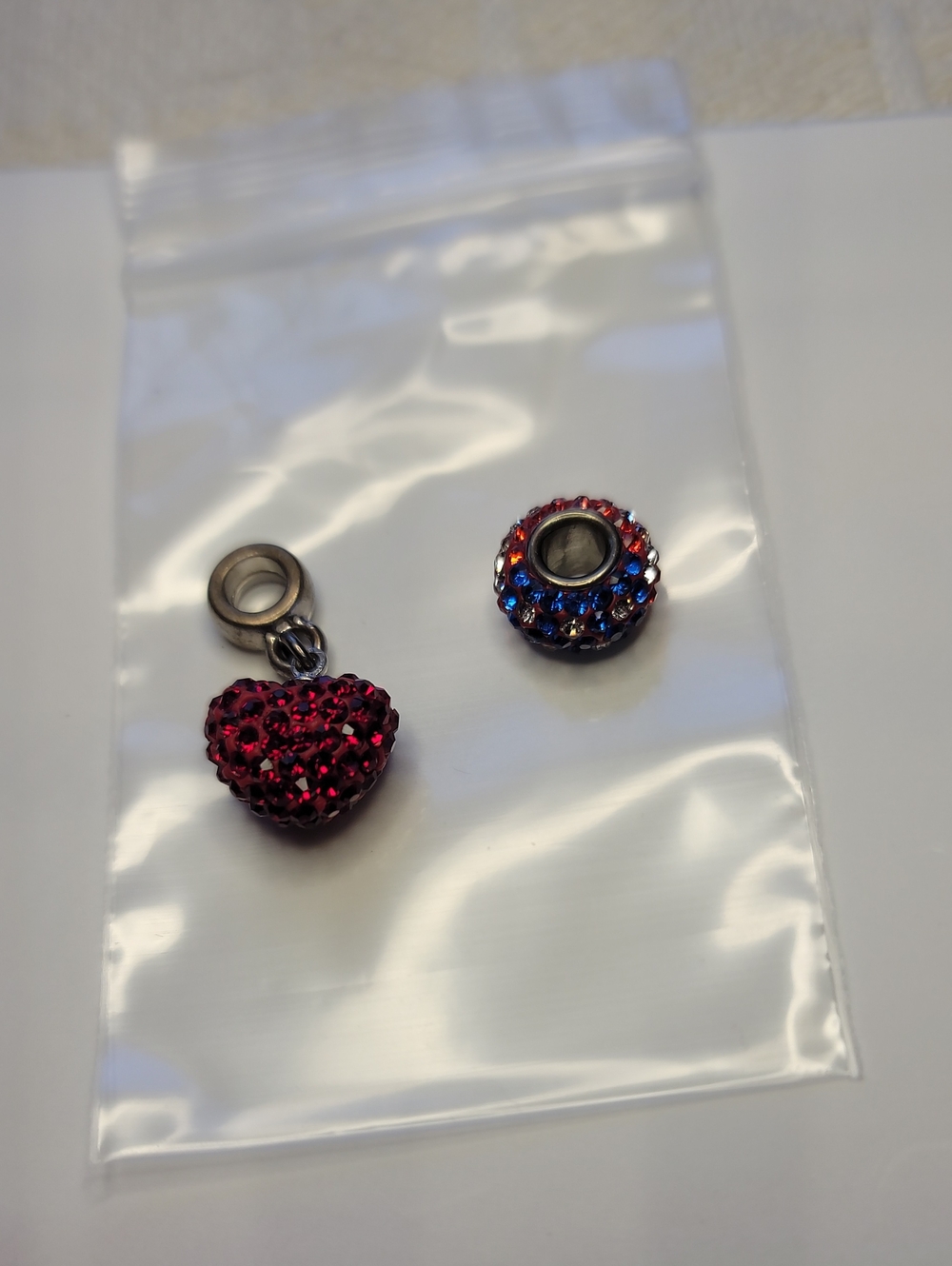 Rhinestone Heart & Patriotic Rondelle Bead Charms - Red White and Blue
